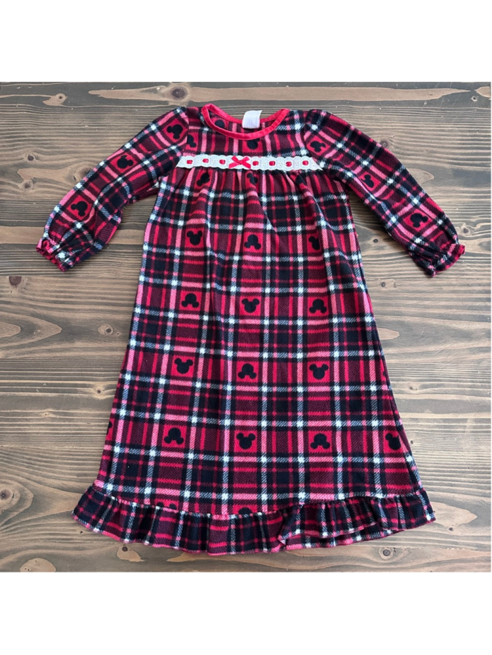 Disney Mickey Mouse Plaid Nightgown Girls 4T Red Black Fleece